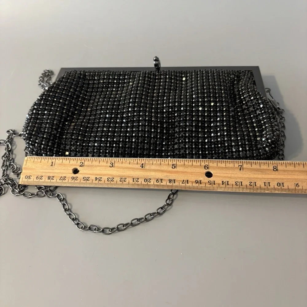 NEW Natasha Crystal Evening Purse Clutch Black Convertible Prong Set Stones